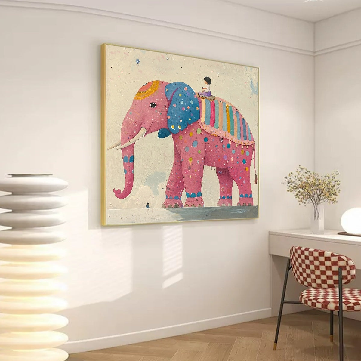 ELEPHANT DREAMS: Whimsical Pink Elephant and Child Oil Painting