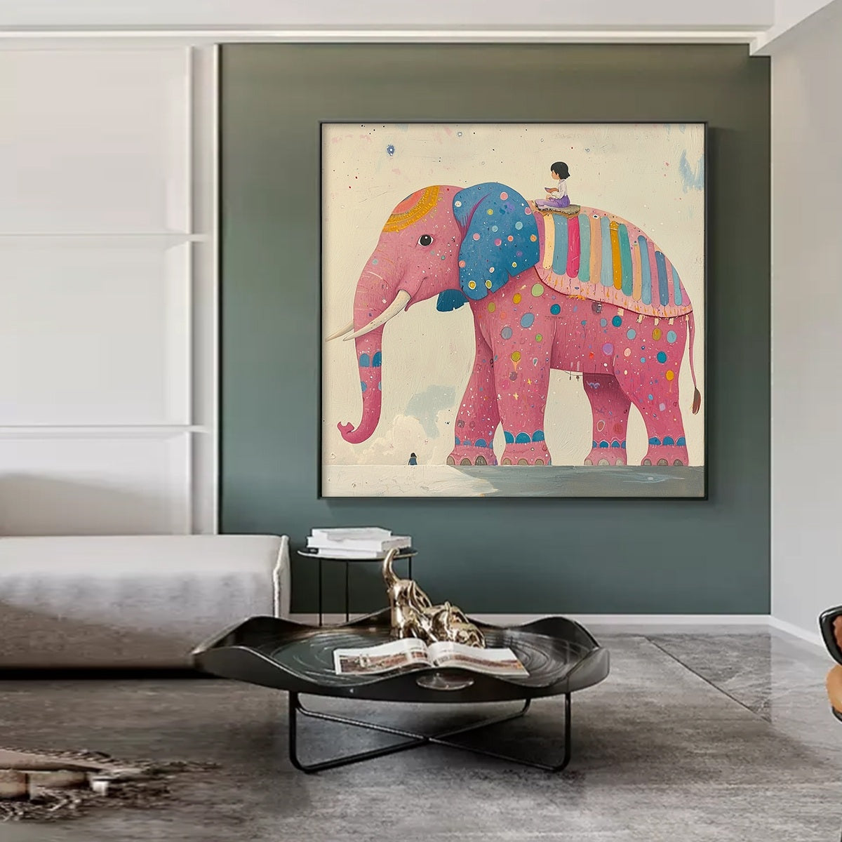 ELEPHANT DREAMS: Whimsical Pink Elephant and Child Oil Painting