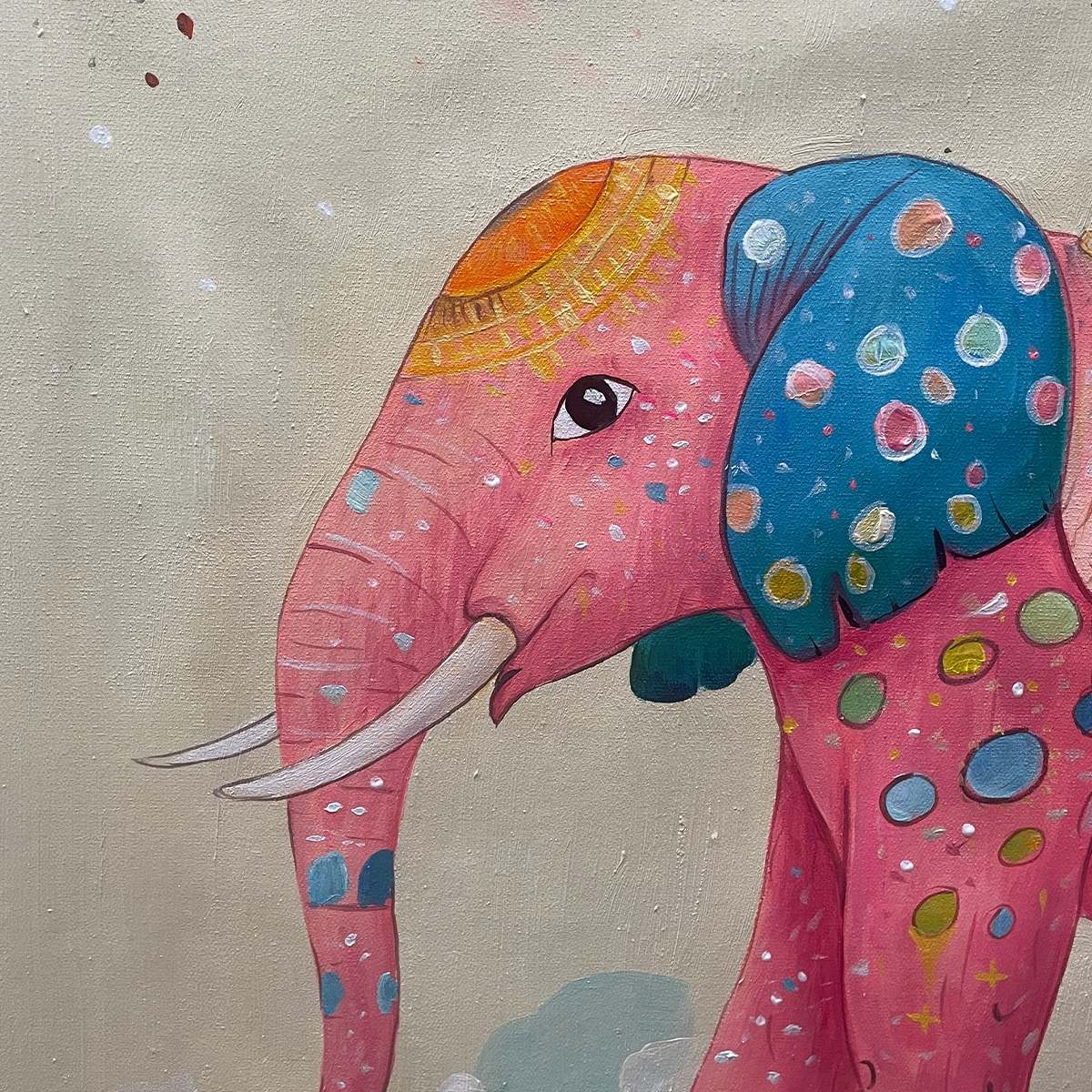 ELEPHANT DREAMS: Whimsical Pink Elephant and Child Oil Painting