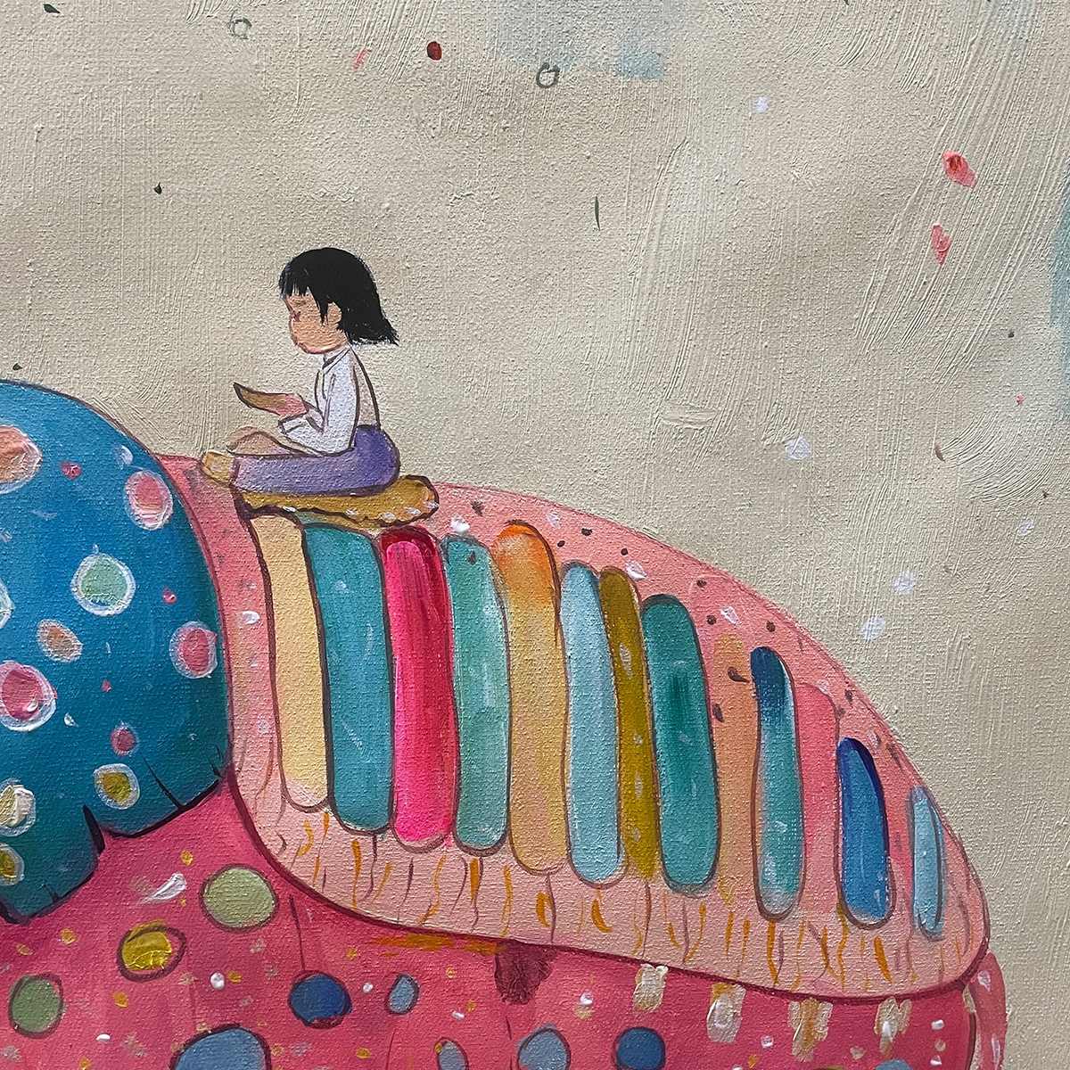 ELEPHANT DREAMS: Whimsical Pink Elephant and Child Oil Painting
