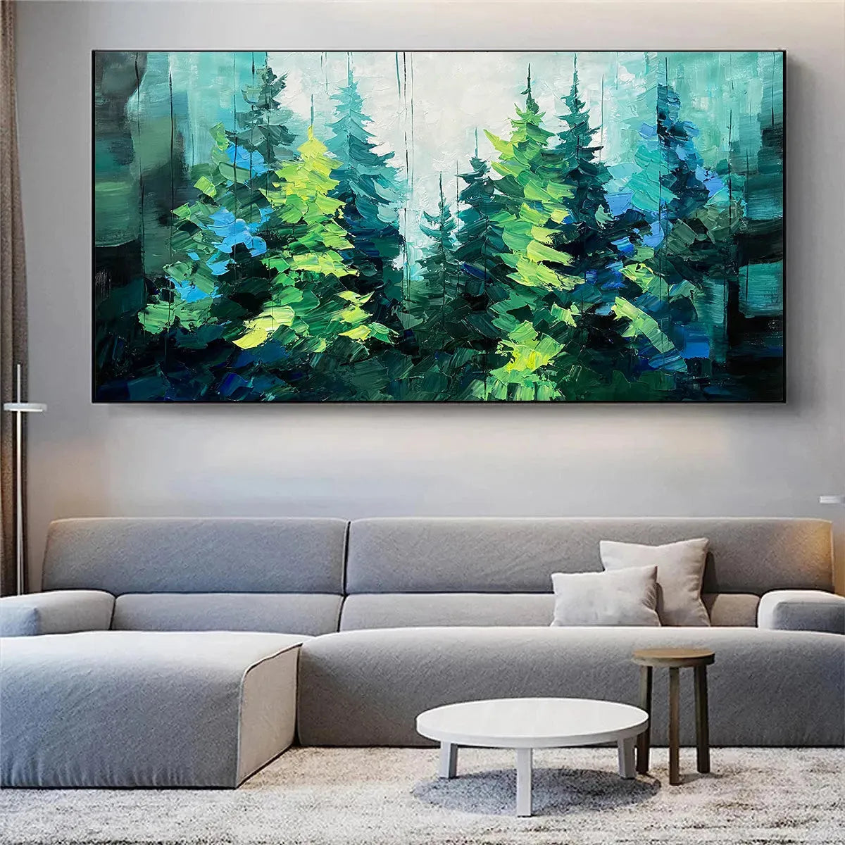 EMERALD FOREST: Panoramic Landscape Painting of an Evergreen Forest, Textured Impasto, Modern Wall Art, Green