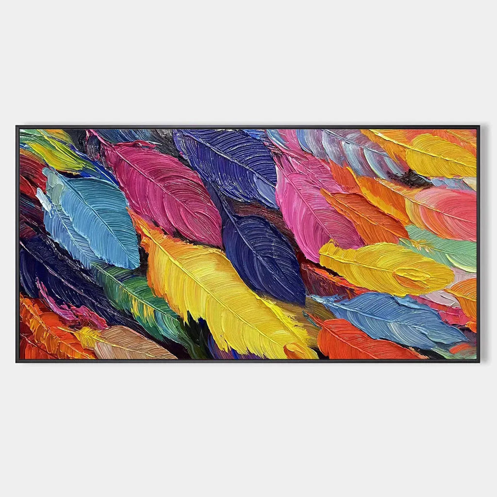 FEATHER DANCE: Horizontal Abstract Painting with Colorful Feathers, Textured Impasto, Modern Wall Art
