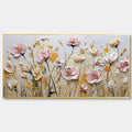 FIELD OF DREAMS: Horizontal Impasto Painting of Pink and White Flowers, Golden Field, Textured Wall Art