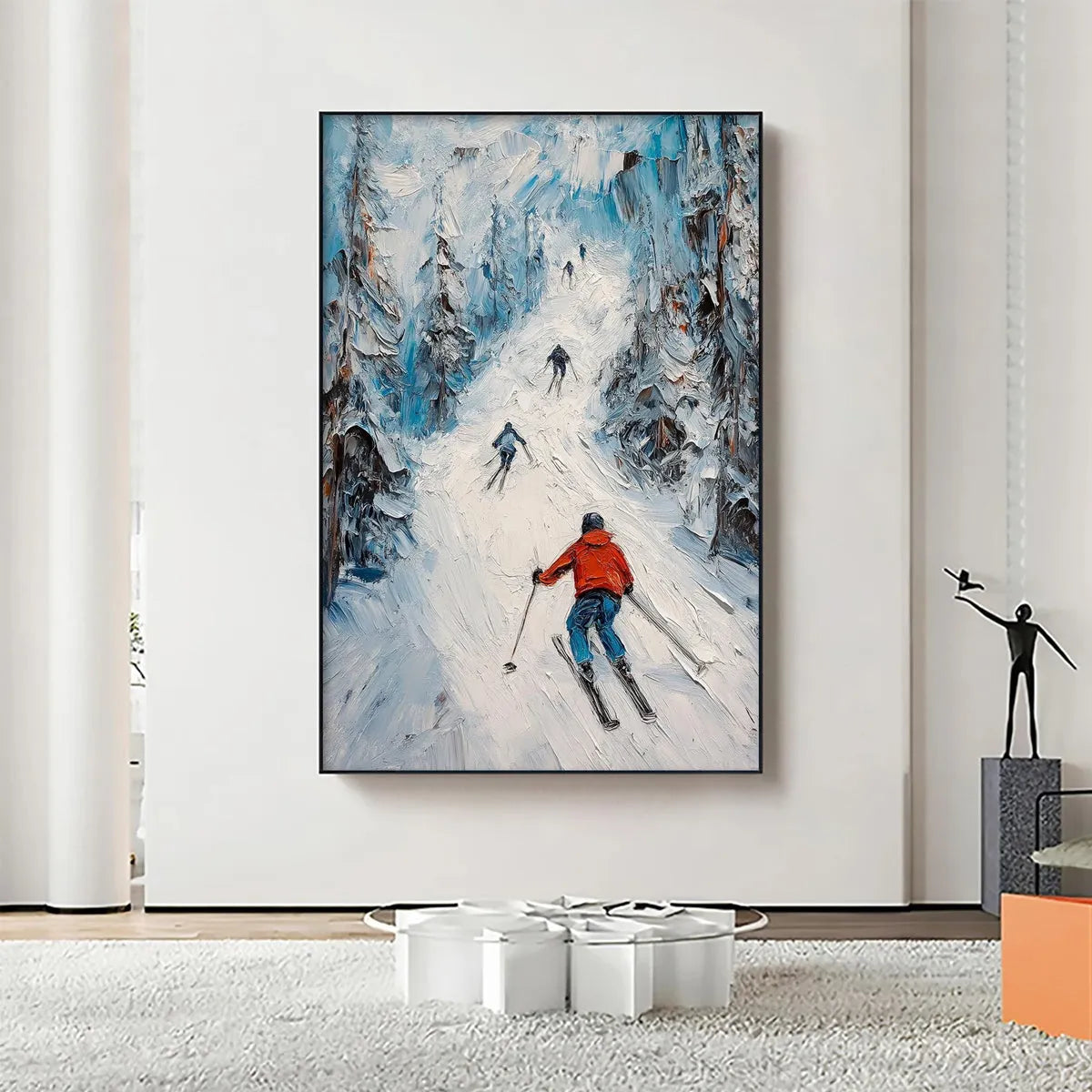 FIRST RUN: Textured Impasto Skiing Painting on Vertical Canvas