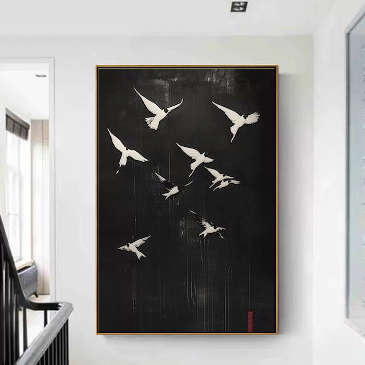 FLIGHT OF DREAMS: Minimalist Birds on Black Oil Painting