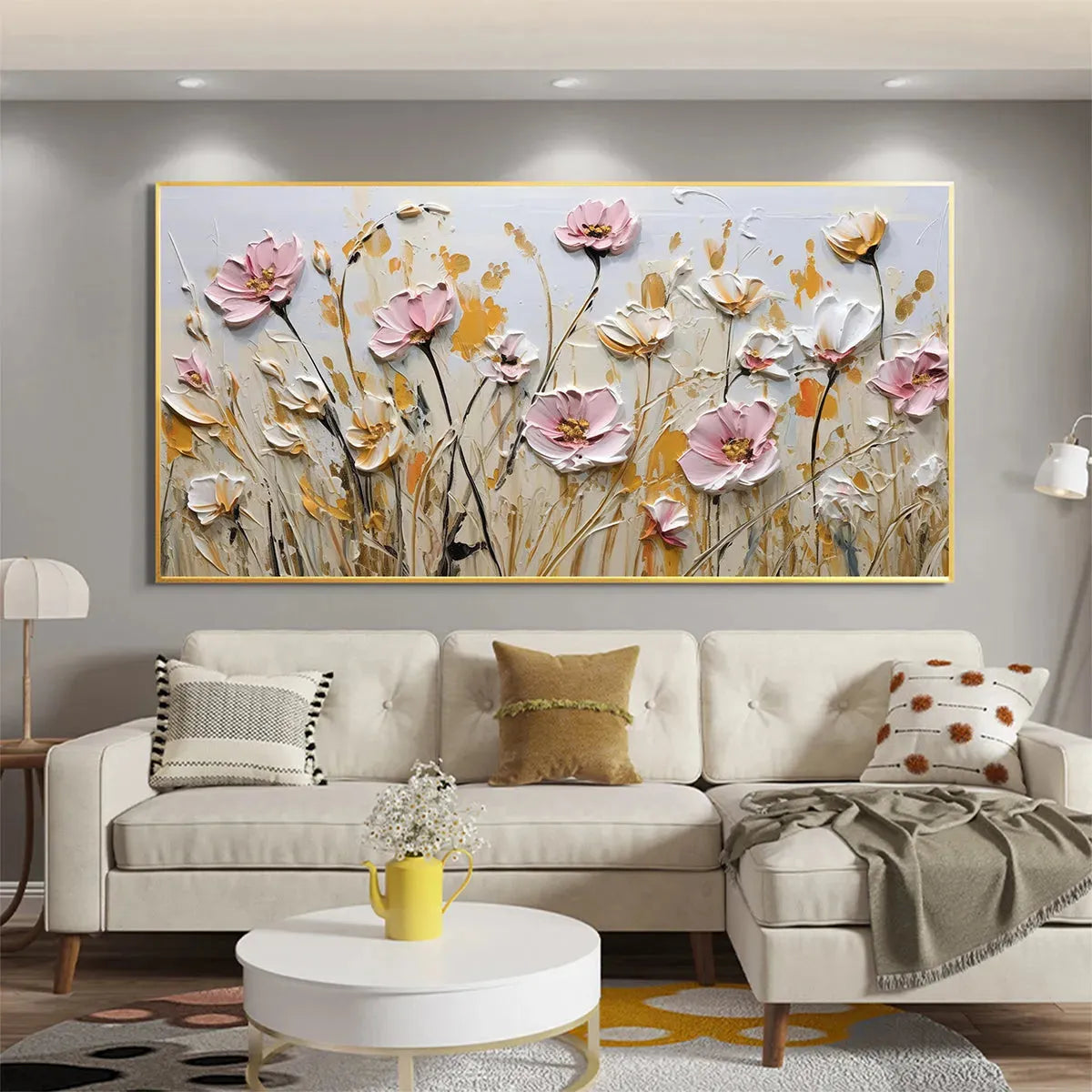 FIELD OF DREAMS: Horizontal Impasto Painting of Pink and White Flowers, Golden Field, Textured Wall Art