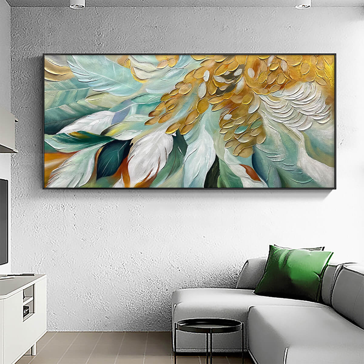 GILDED GARDEN: Green and Gold Floral Textured Impasto Oil Painting