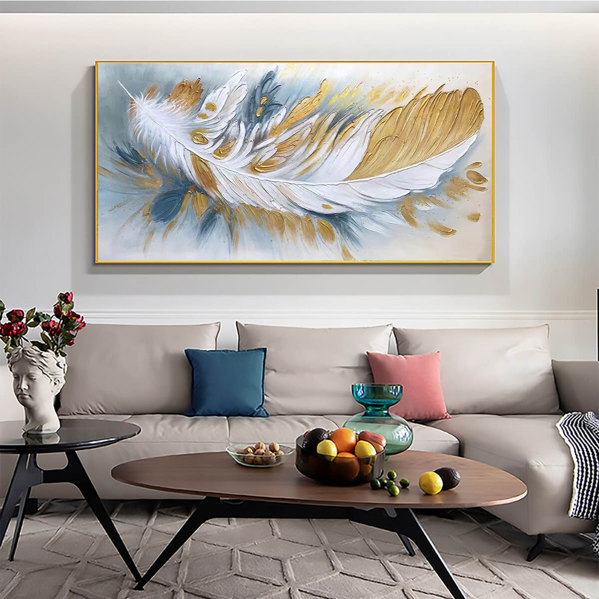 GILDED PLUME: Textured Feather Oil Painting Canvas Wall Art