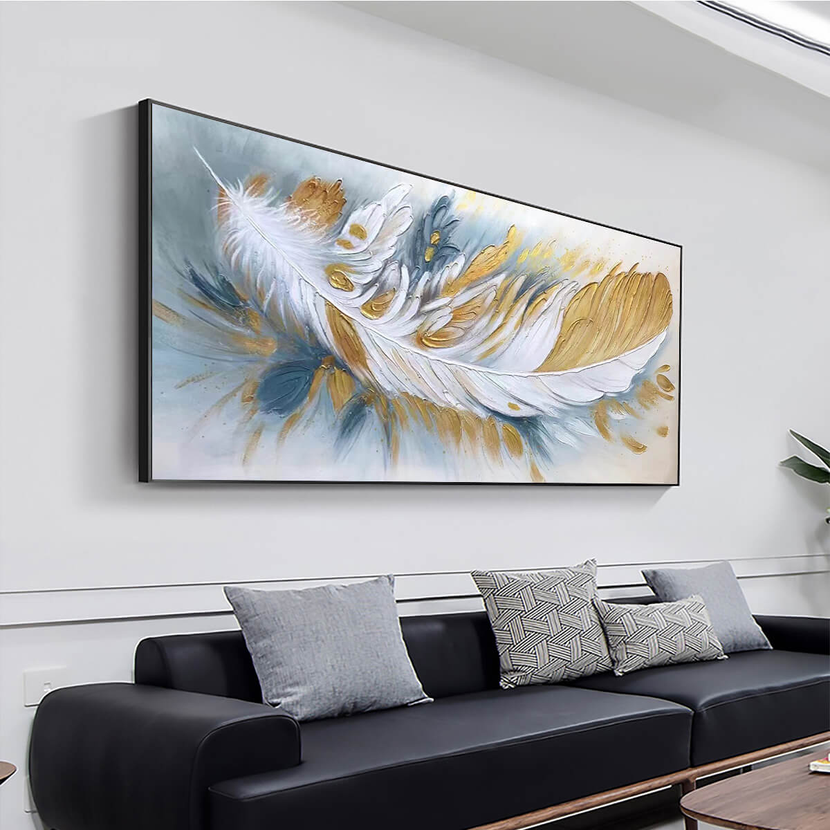 GILDED PLUME: Textured Feather Oil Painting Canvas Wall Art
