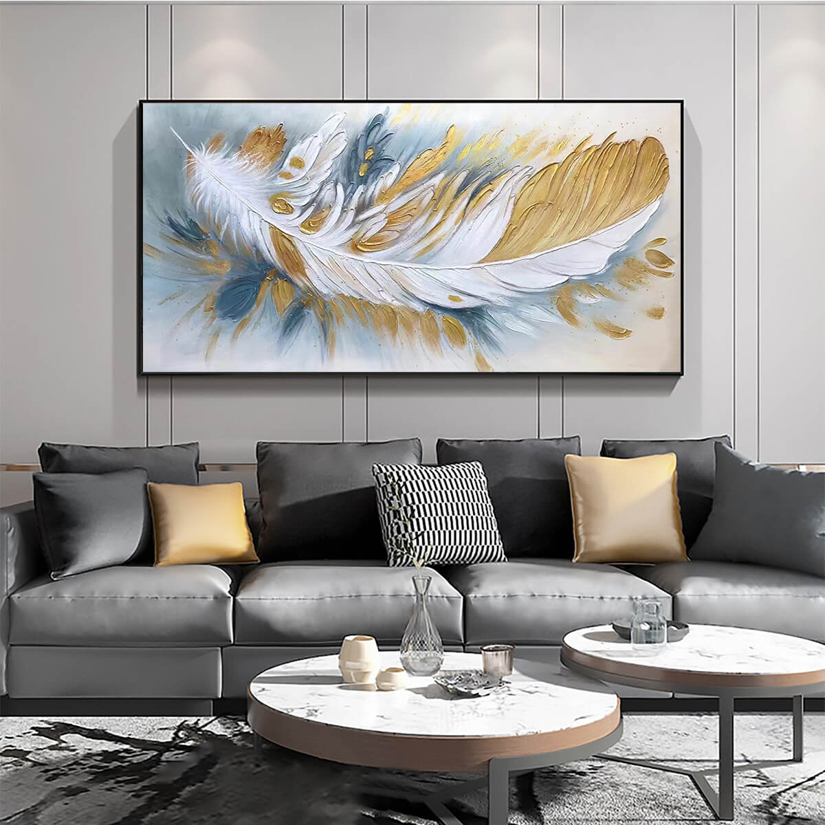 GILDED PLUME: Textured Feather Oil Painting Canvas Wall Art