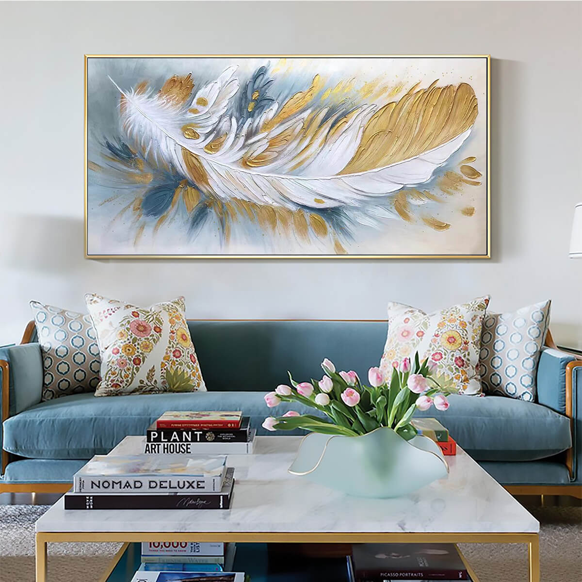 GILDED PLUME: Textured Feather Oil Painting Canvas Wall Art