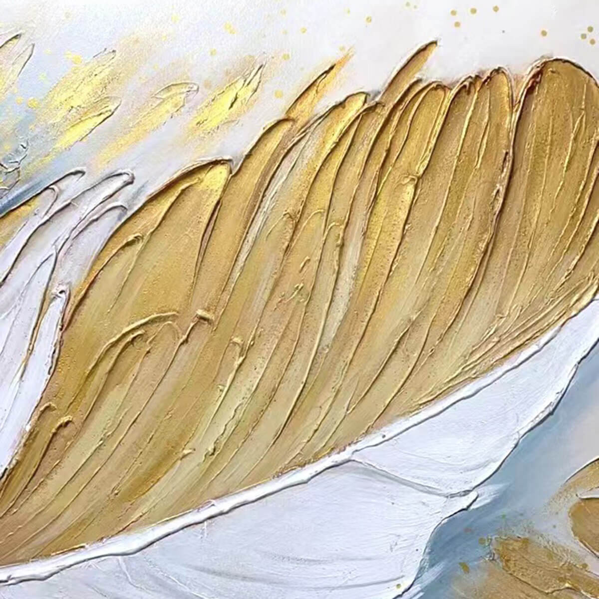 GILDED PLUME: Textured Feather Oil Painting Canvas Wall Art