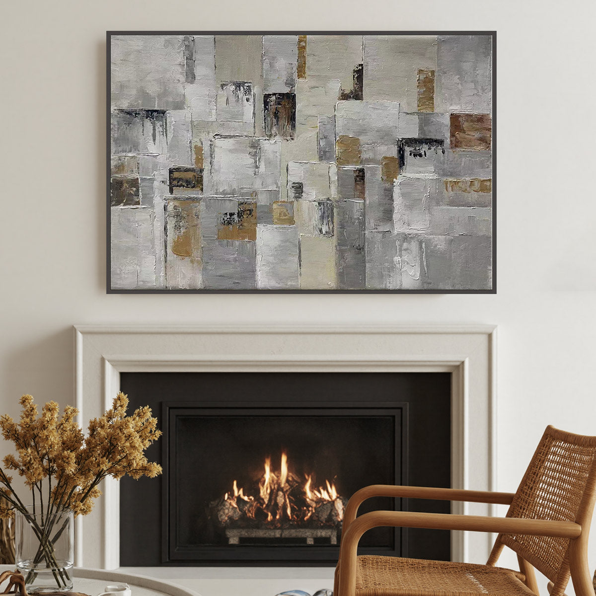 Ready to Ship | Golden Intersection: Abstract Geometric Textured Oil Wall Art