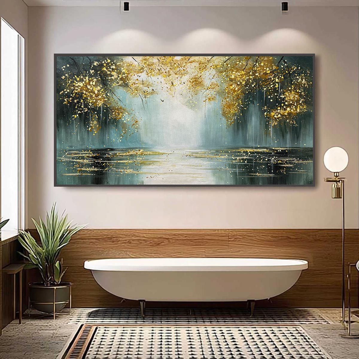 Ready to Ship | Golden Whispers: Textured Gold-Accented Forest Oil Painting