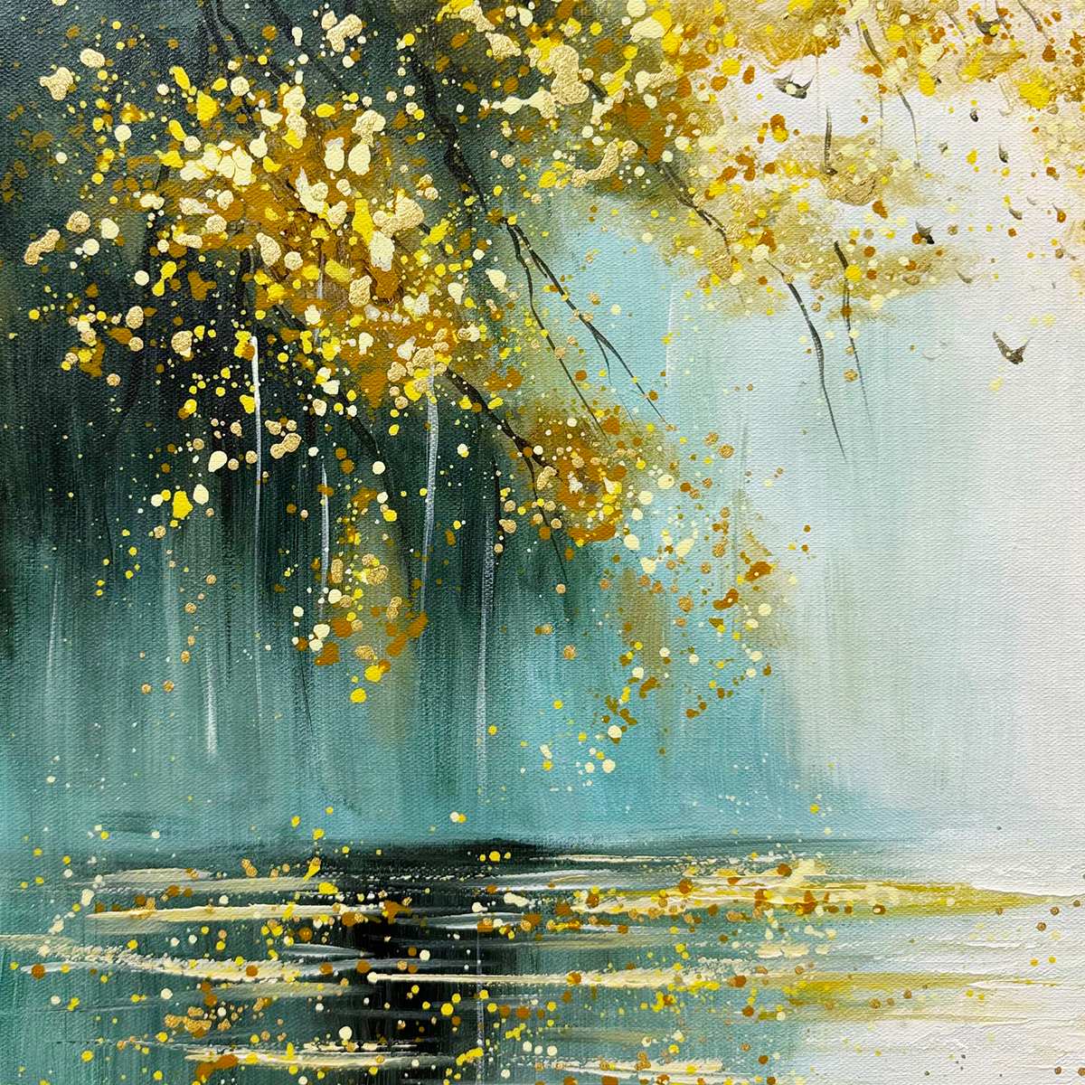 Ready to Ship | Golden Whispers: Textured Gold-Accented Forest Oil Painting