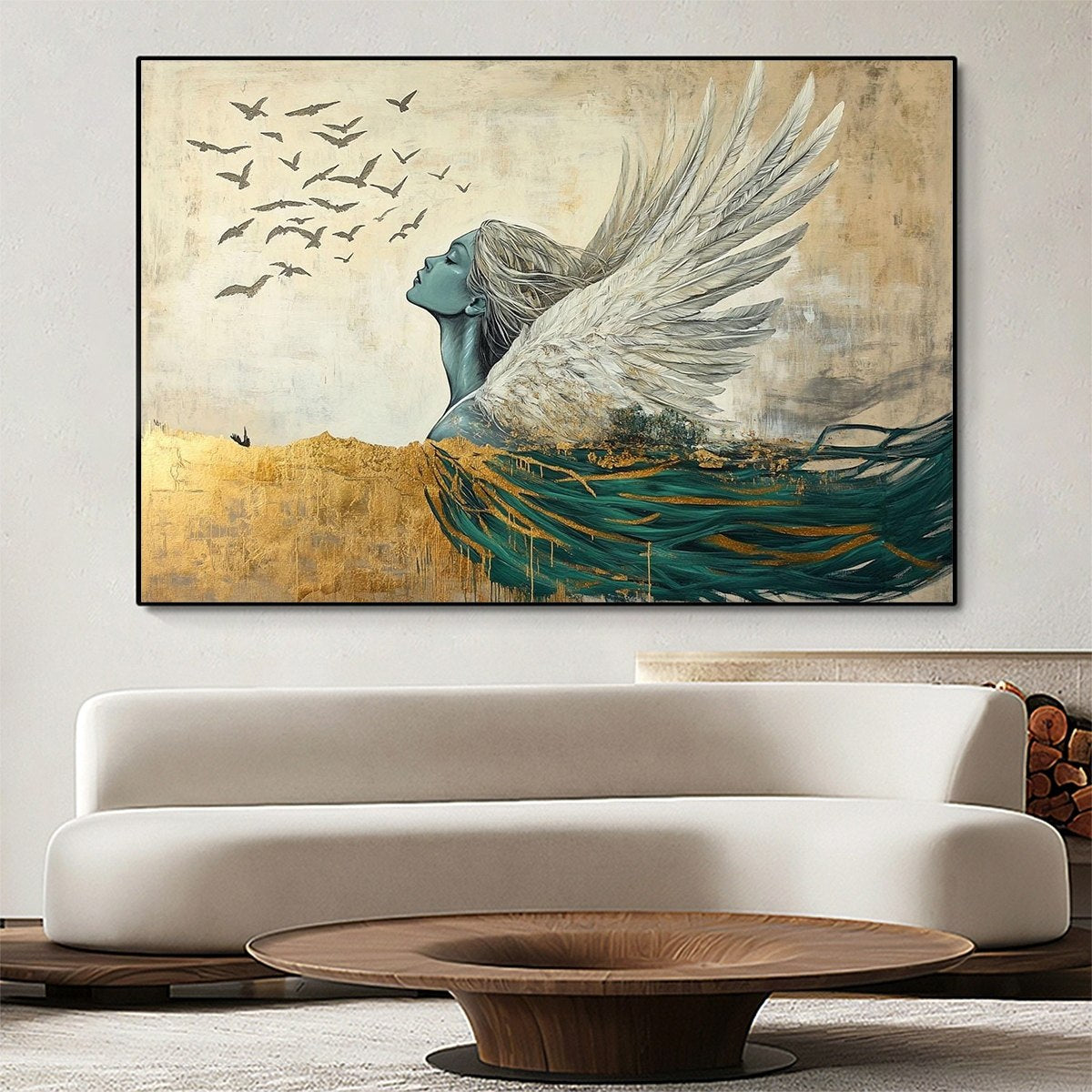 GOLDEN ASCENSION: Ethereal Angel with Birds Oil Painting