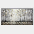 GOLDEN BIRCHWOOD: Panoramic Birch Forest Landscape Oil Painting with Gold Accents