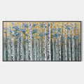 GOLDEN BIRCH GROVE: Textured Birch Tree Painting, Gold and Green Wall Art, Horizontal Canvas, Forest Decor