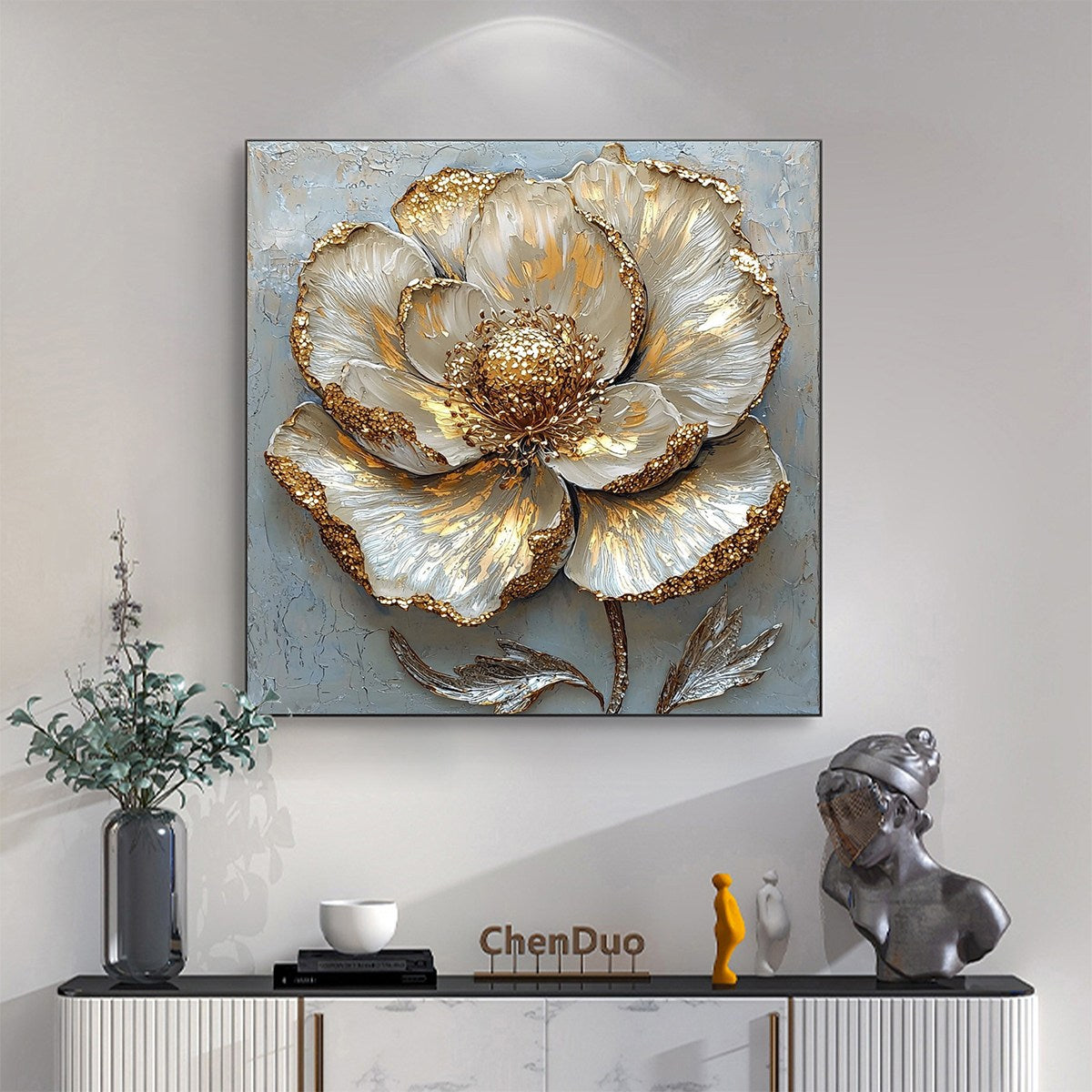GOLDEN BLOOM: Textured Impasto Floral Oil Painting with Gold Accents