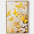GOLDEN BUTTERFLIES: Textured Butterfly and Floral Painting, Yellow and White Wall Art, Vertical Canvas, Impasto Decor