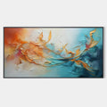 GOLDEN CURRENTS: Panoramic Abstract Teal and Gold Oil Painting