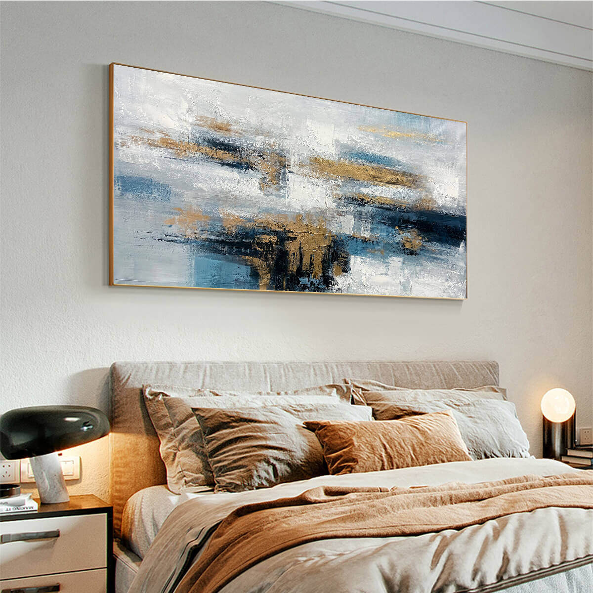 GOLDEN DRIFT: Abstract Blue and Gold Oil Painting