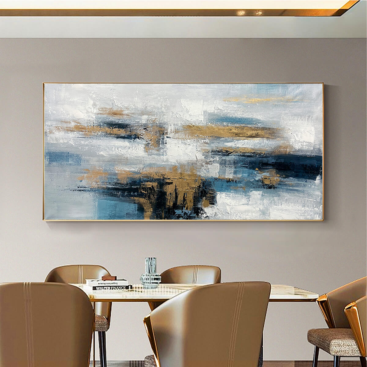 GOLDEN DRIFT: Abstract Blue and Gold Oil Painting