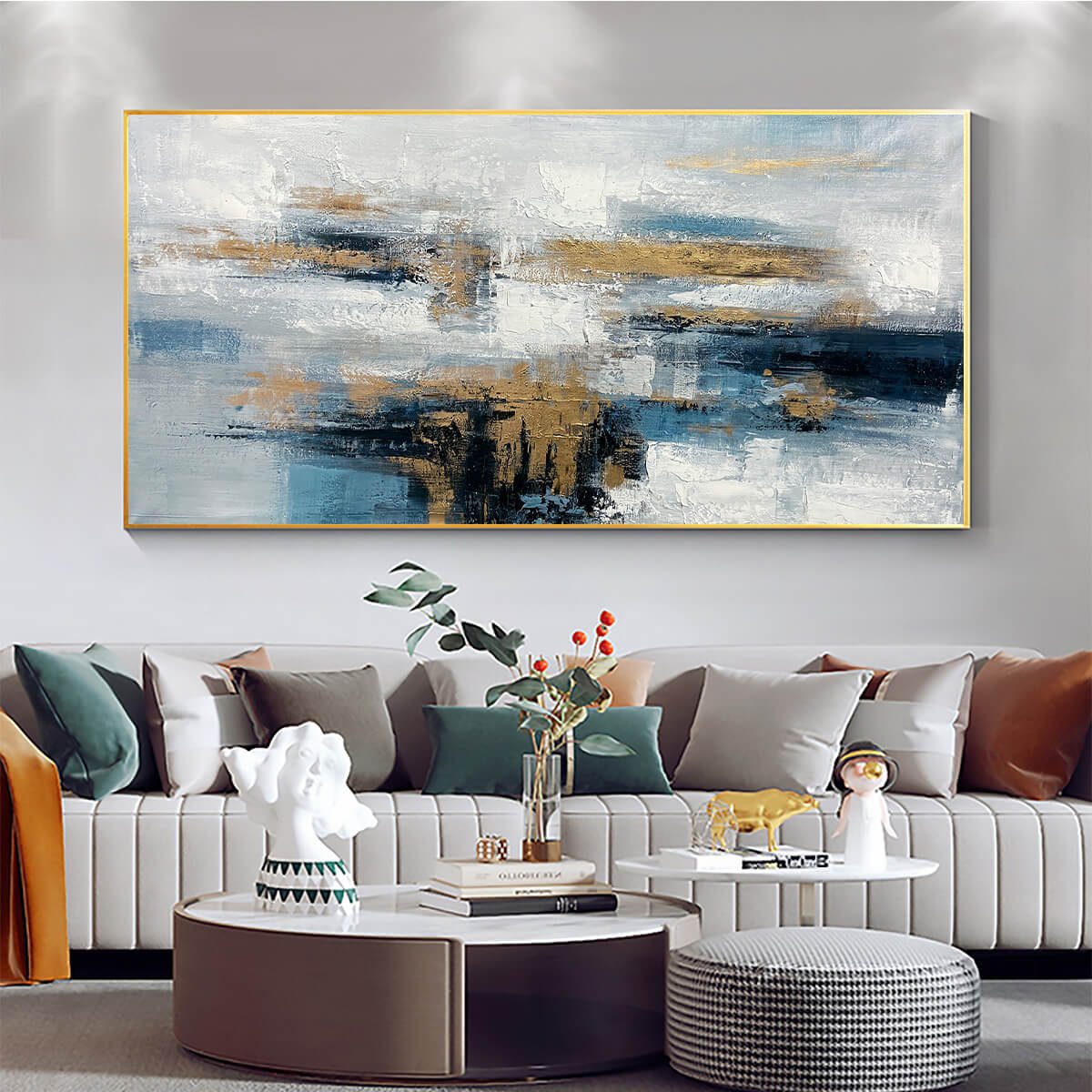 GOLDEN DRIFT: Abstract Blue and Gold Oil Painting