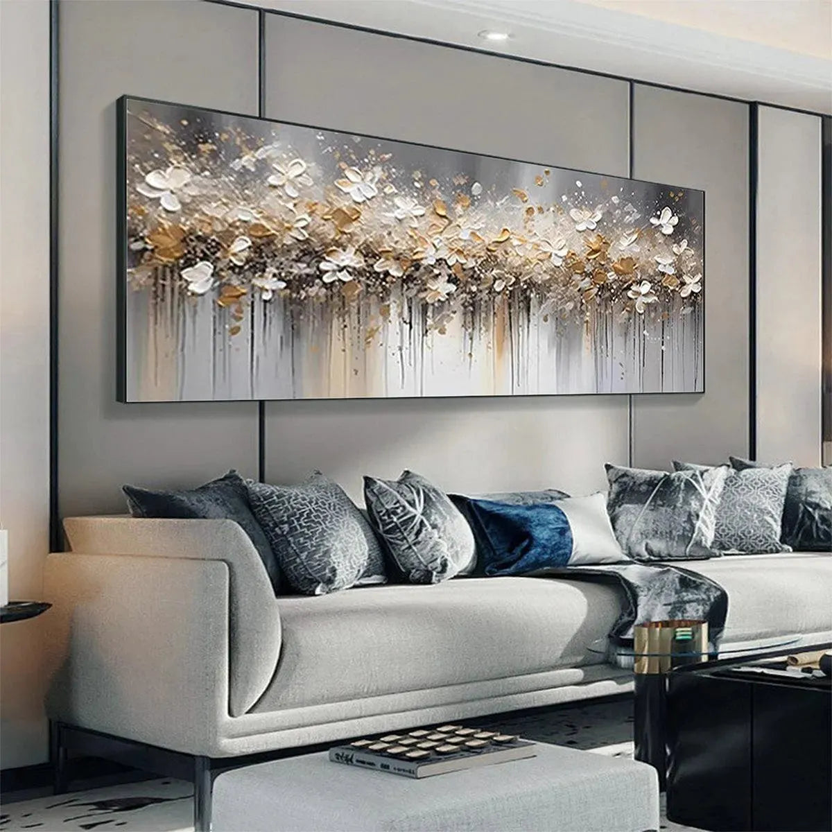 GOLDEN DRIFT: White and Gold Floral Abstract Painting for Living Room