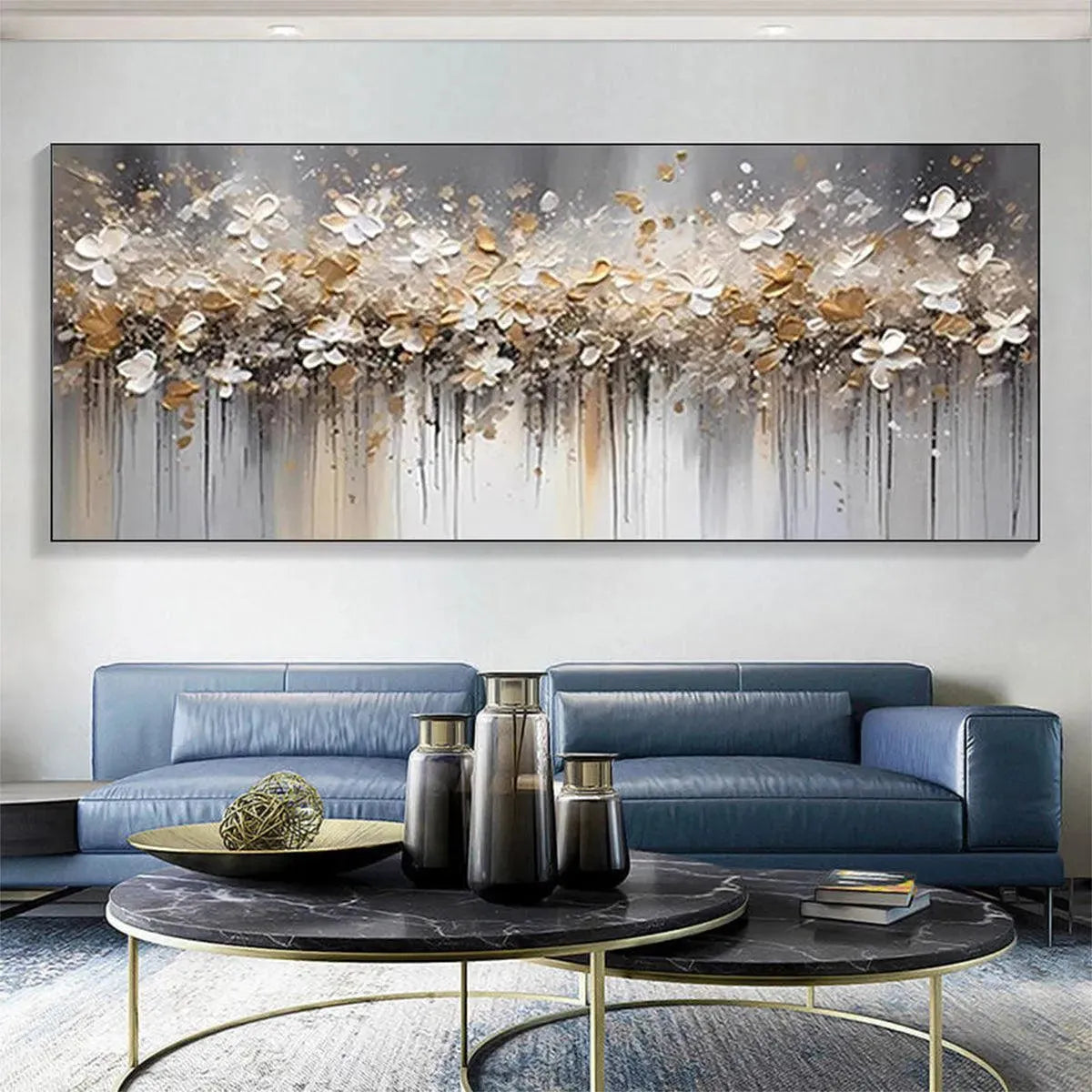 GOLDEN DRIFT: White and Gold Floral Abstract Painting for Living Room