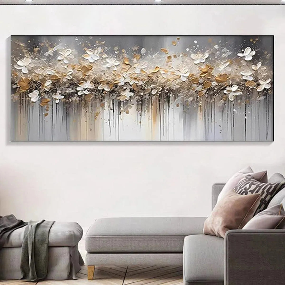 GOLDEN DRIFT: White and Gold Floral Abstract Painting for Living Room