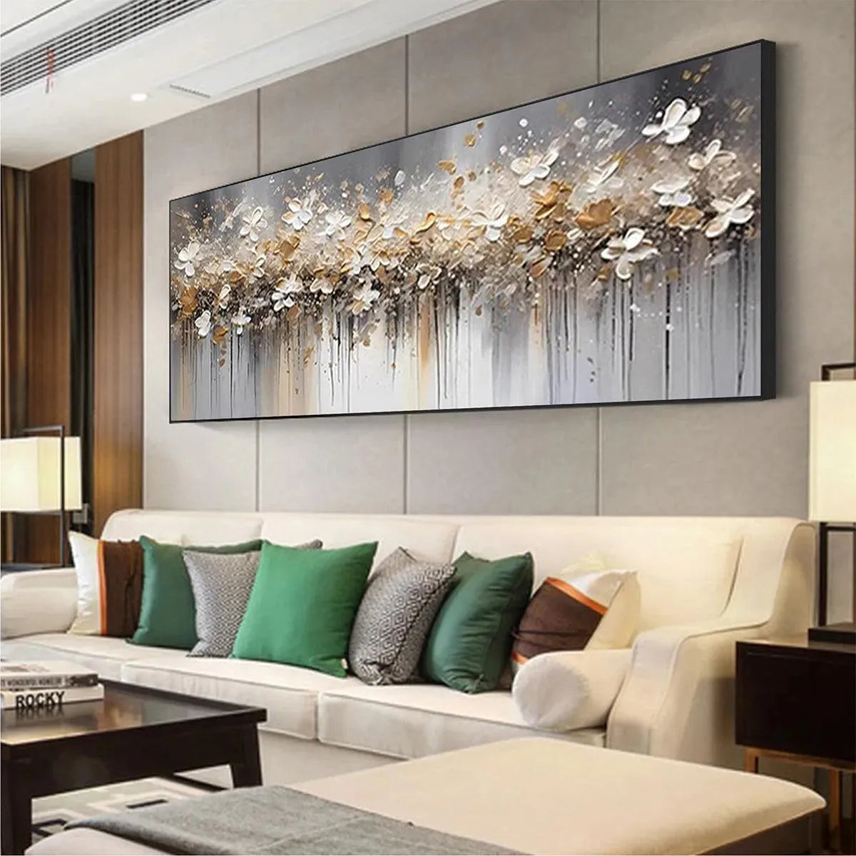 GOLDEN DRIFT: White and Gold Floral Abstract Painting for Living Room