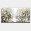 GOLDEN FOREST PATH: Textured Forest Landscape Painting, Panoramic Wall Art