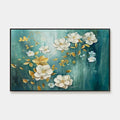 GOLDEN GARDEN: White and Gold Floral Painting, Teal Green Background Wall Art, Horizontal Canvas, Impressionist Decor