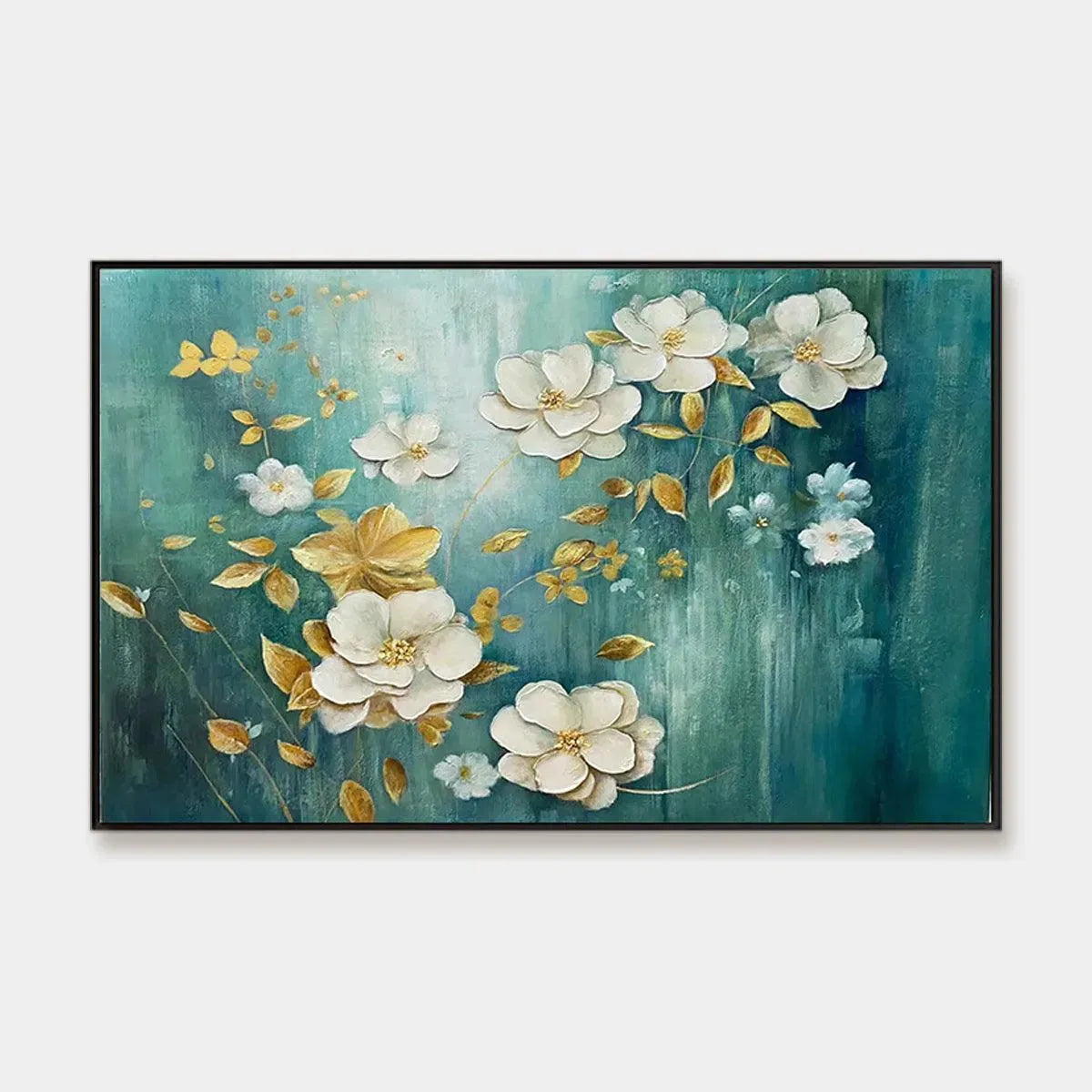 GOLDEN GARDEN: White and Gold Floral Painting, Teal Green Background Wall Art, Horizontal Canvas, Impressionist Decor