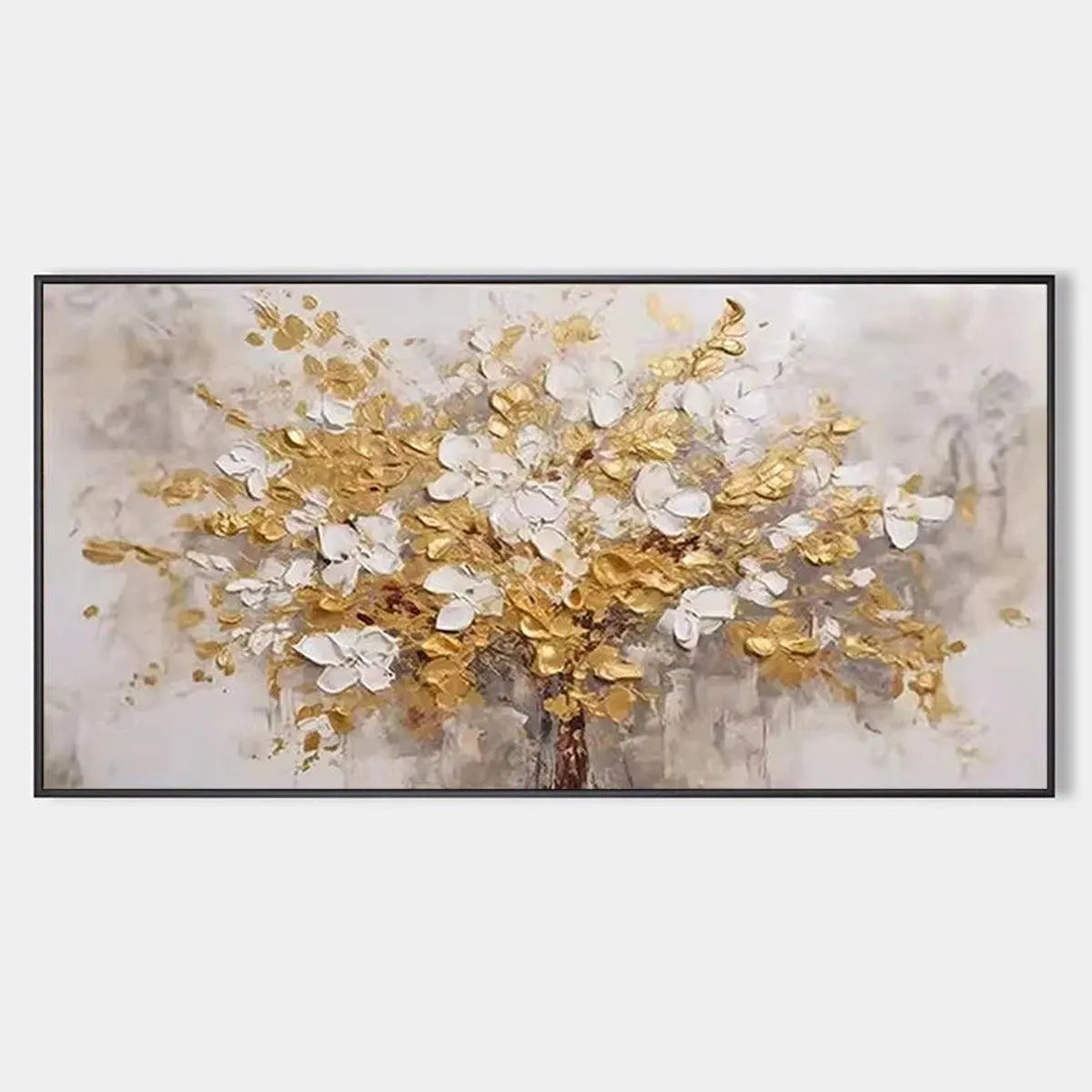 GOLDEN GARDEN: Textured White and Gold Floral Impasto Painting