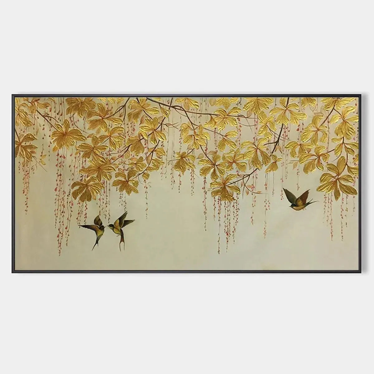 GOLDEN GARDEN: Panoramic Golden Leaf and Bird Painting | Asian Art