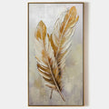 GOLDEN GRACE: Vertical Painting of Golden Feathers, Textured Impasto, Modern Wall Art