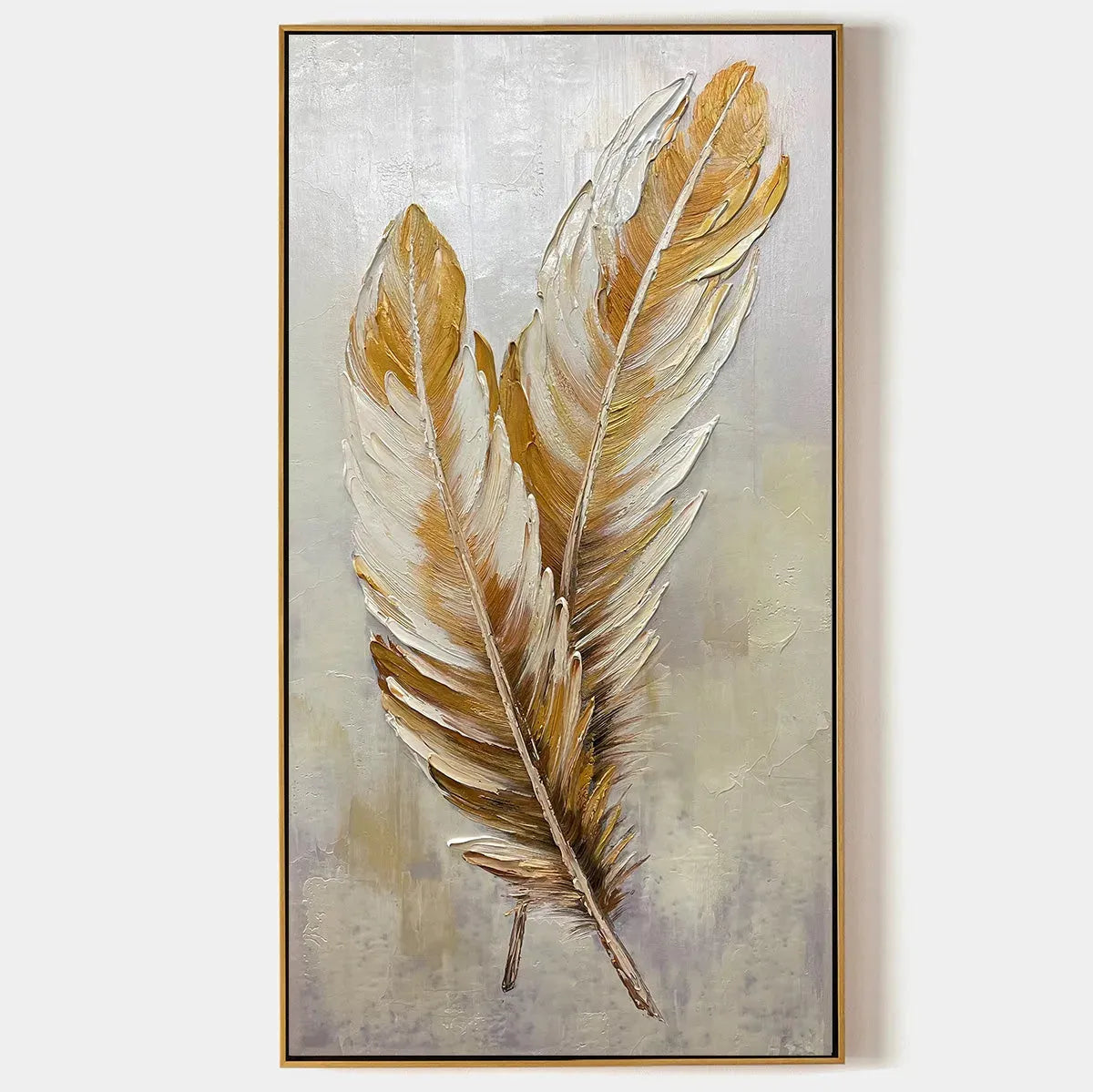 GOLDEN GRACE: Vertical Painting of Golden Feathers, Textured Impasto, Modern Wall Art