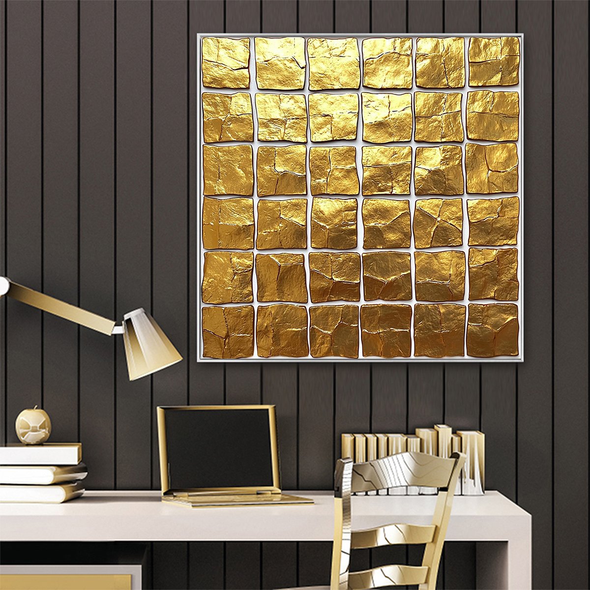 GOLDEN GRID: Textured Minimalist Abstract Oil Painting in Gold