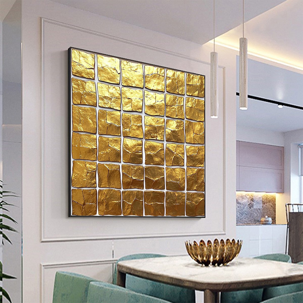 GOLDEN GRID: Textured Minimalist Abstract Oil Painting in Gold