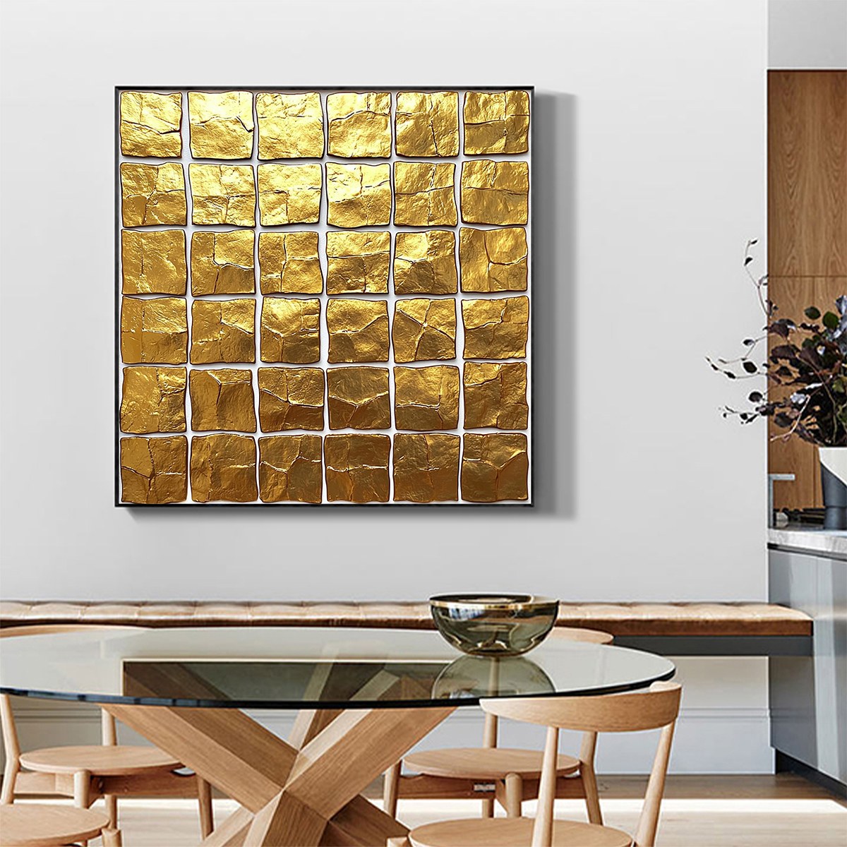GOLDEN GRID: Textured Minimalist Abstract Oil Painting in Gold