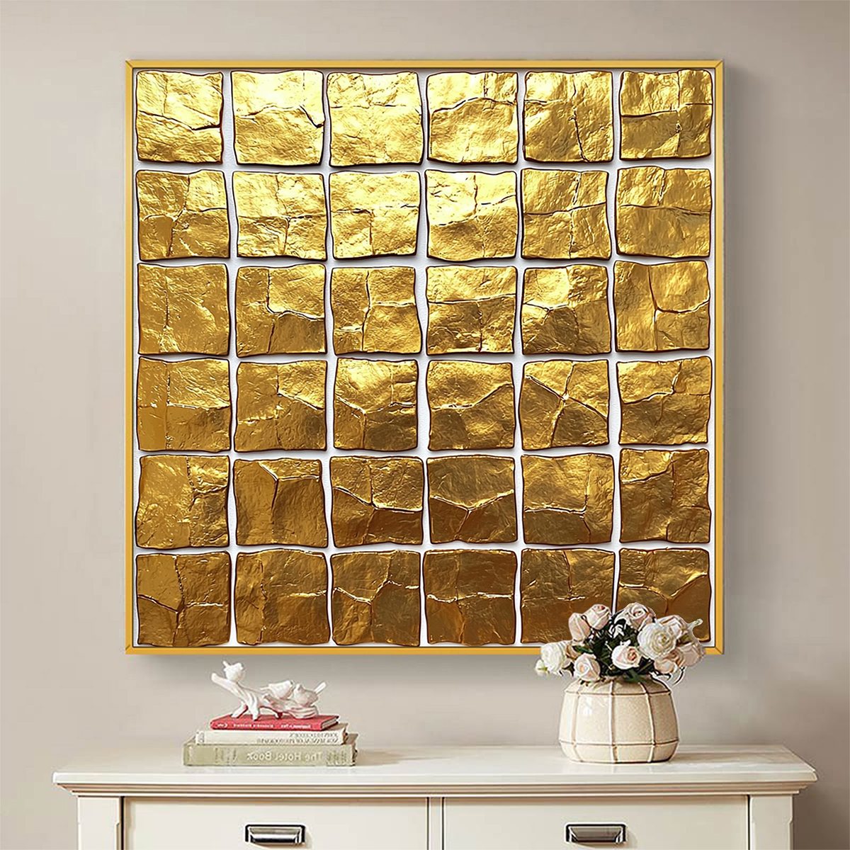 GOLDEN GRID: Textured Minimalist Abstract Oil Painting in Gold