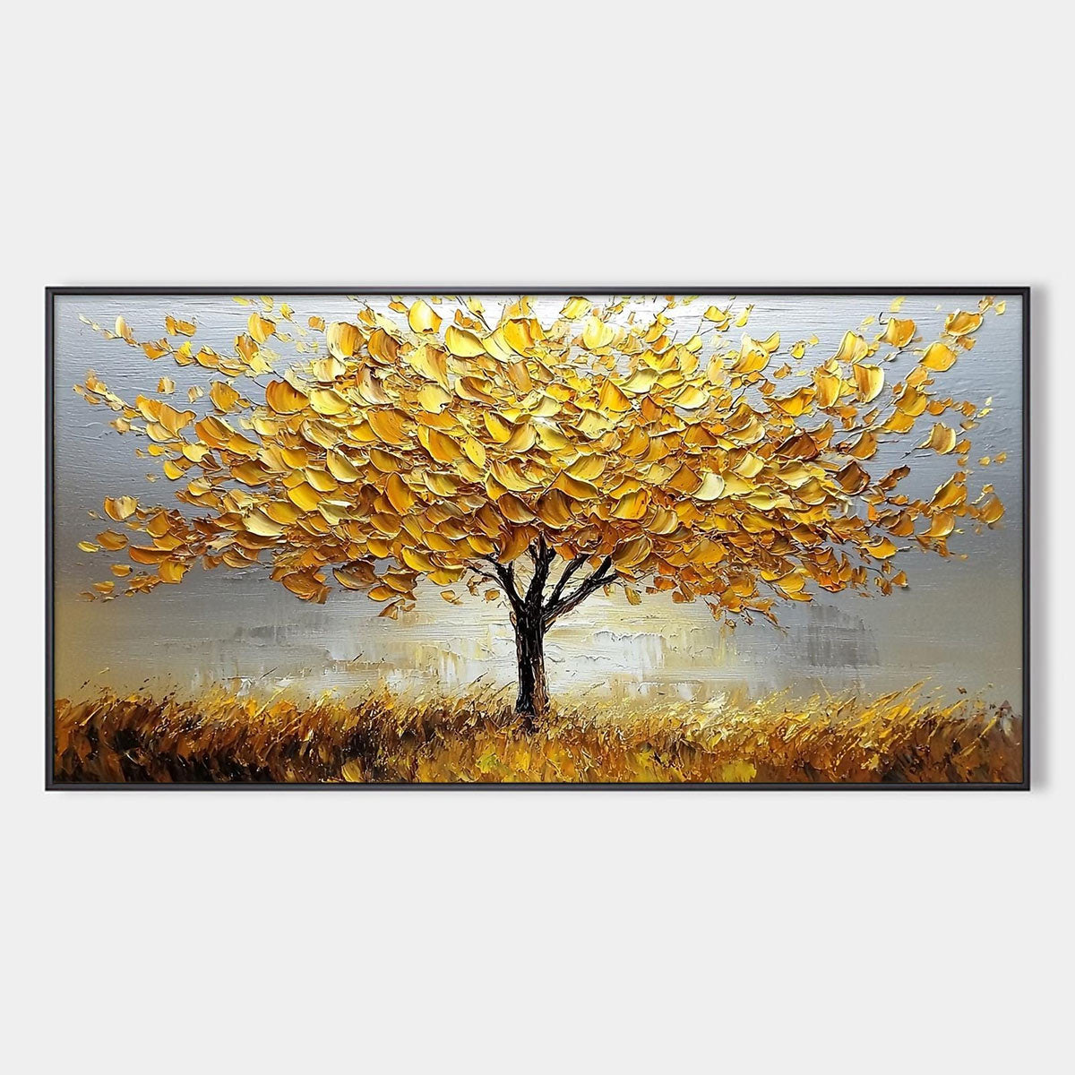 GOLDEN HARVEST: Textured Impasto Golden Tree Oil Painting