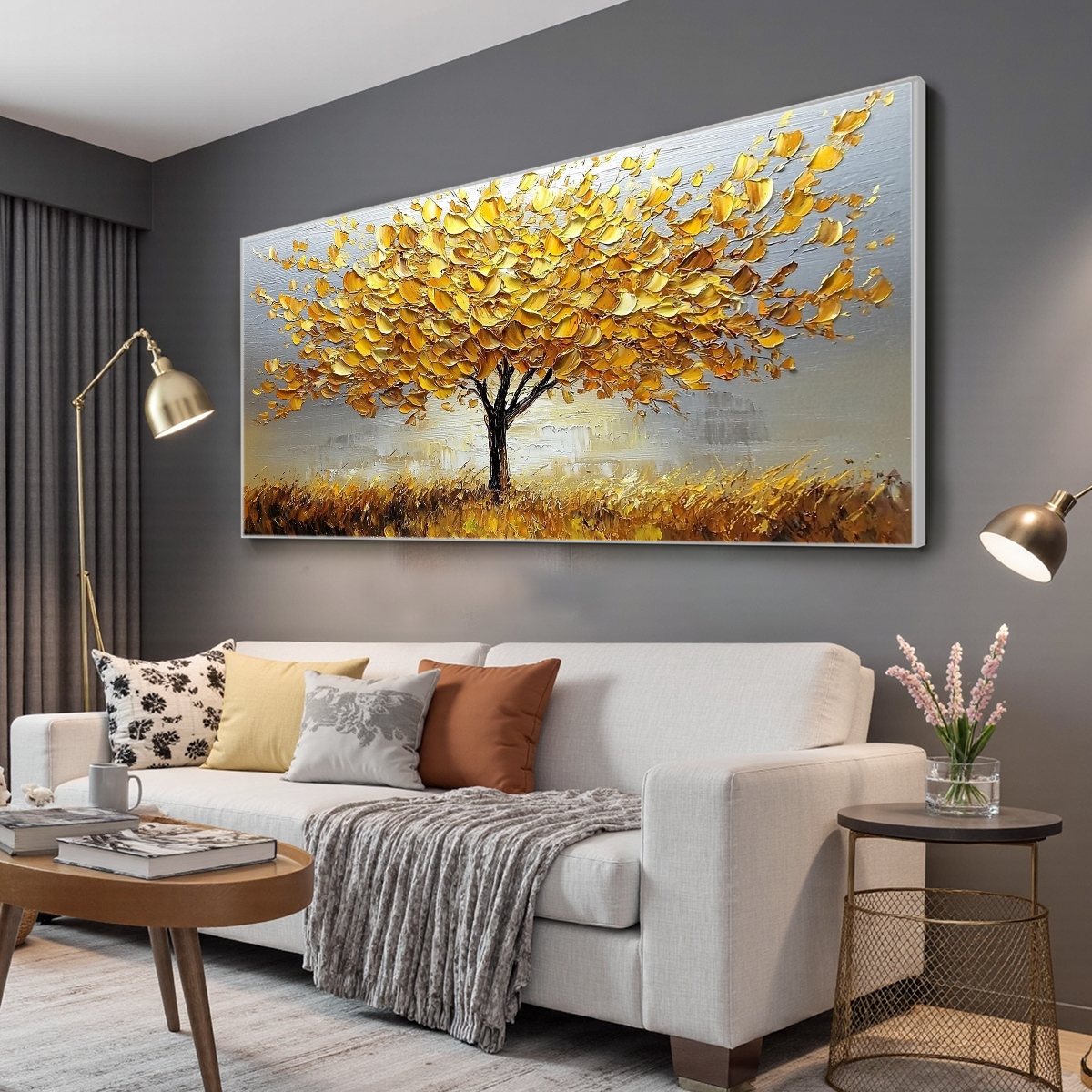GOLDEN HARVEST: Textured Impasto Golden Tree Oil Painting