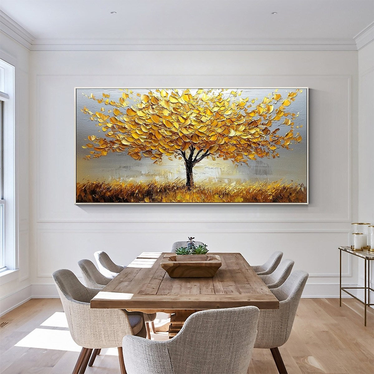GOLDEN HARVEST: Textured Impasto Golden Tree Oil Painting