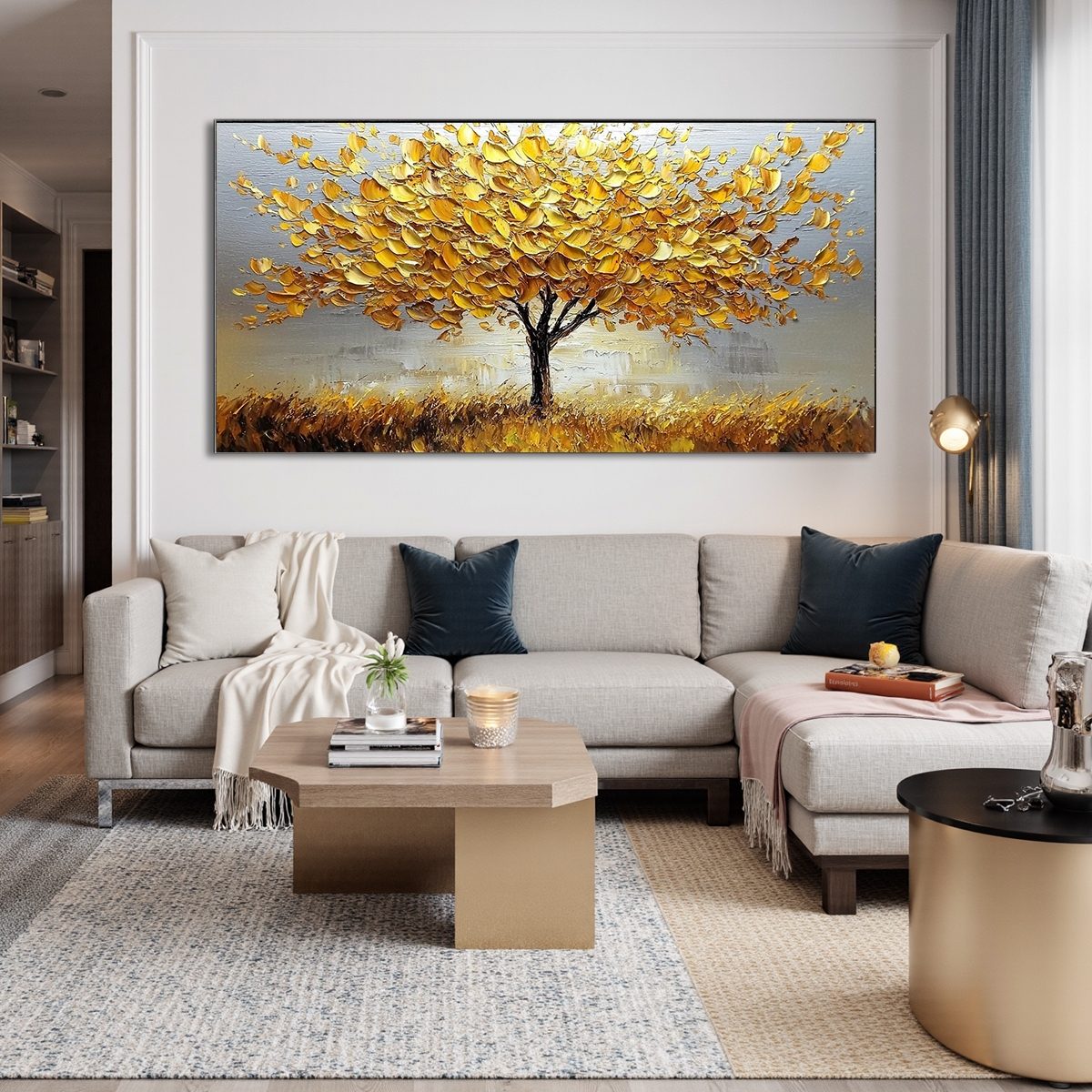 GOLDEN HARVEST: Textured Impasto Golden Tree Oil Painting