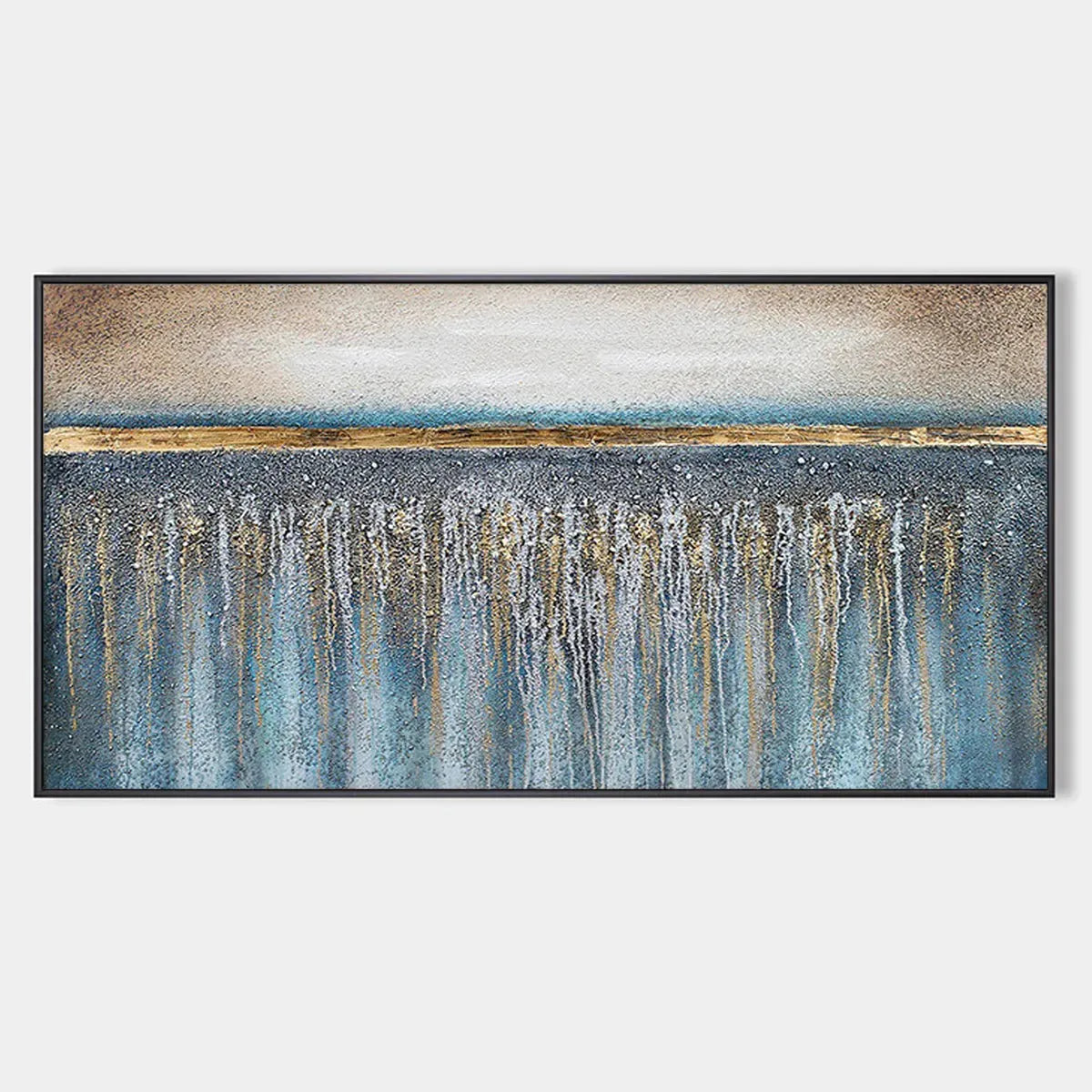 GOLDEN HORIZON: Panoramic Abstract Oil Painting with Gold and Blue