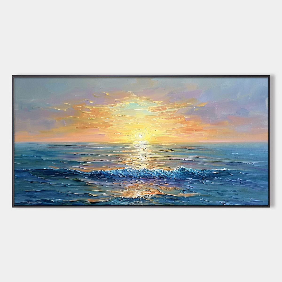 GOLDEN HORIZON: Panoramic Coastal Sunset Oil Painting