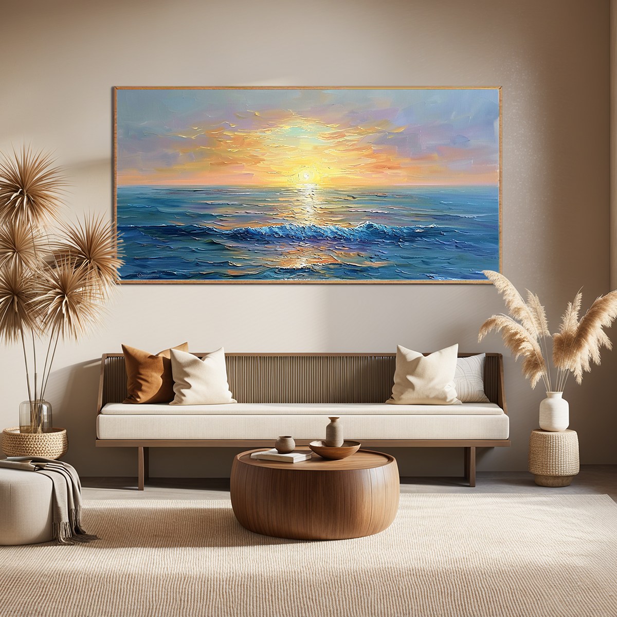 GOLDEN HORIZON: Panoramic Coastal Sunset Oil Painting